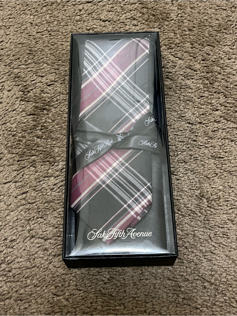 Saks Fifth Avenue Black and Burgundy Plaid Men's Tie